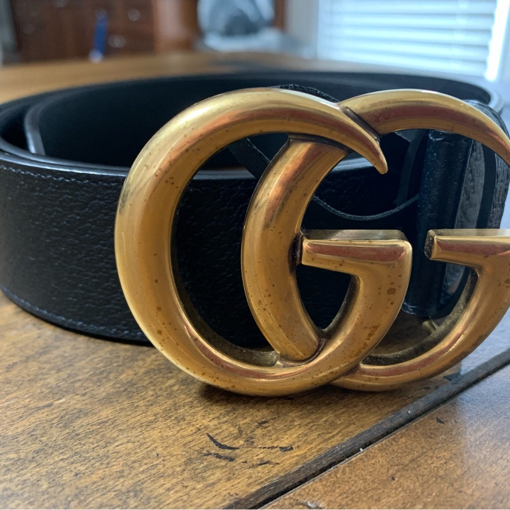 Gucci Black and Gold Leather Belt with Iconic GG Buckle